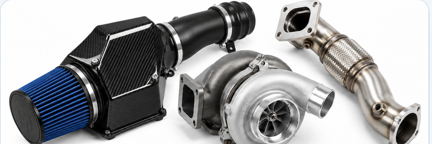 Turbocharger, stainless downpipe and carbon-fiber air intake